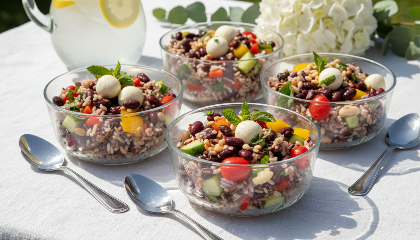 savourez une salade colorée et gourmande avec du riz, des haricots rouges et des perles de fromage fondant, idéale pour un repas frais et équilibré.