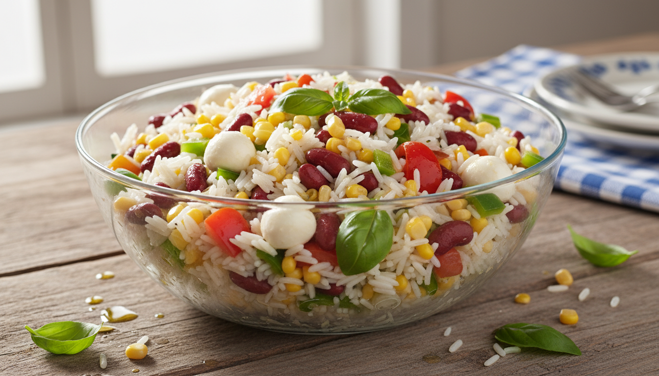 découvrez notre salade de riz colorée aux haricots rouges et perles de fromage fondant, un délice frais et savoureux parfait pour vos repas légers et gourmands.