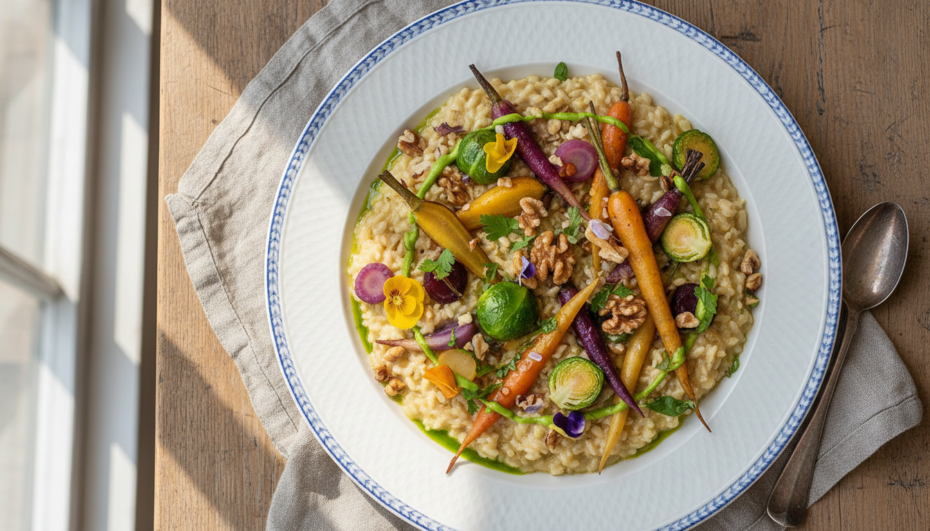 découvrez notre recette savoureuse de délice d'antan : un risotto aux légumes anciens accompagné de noix du périgord, pour un repas riche en saveurs et en traditions.