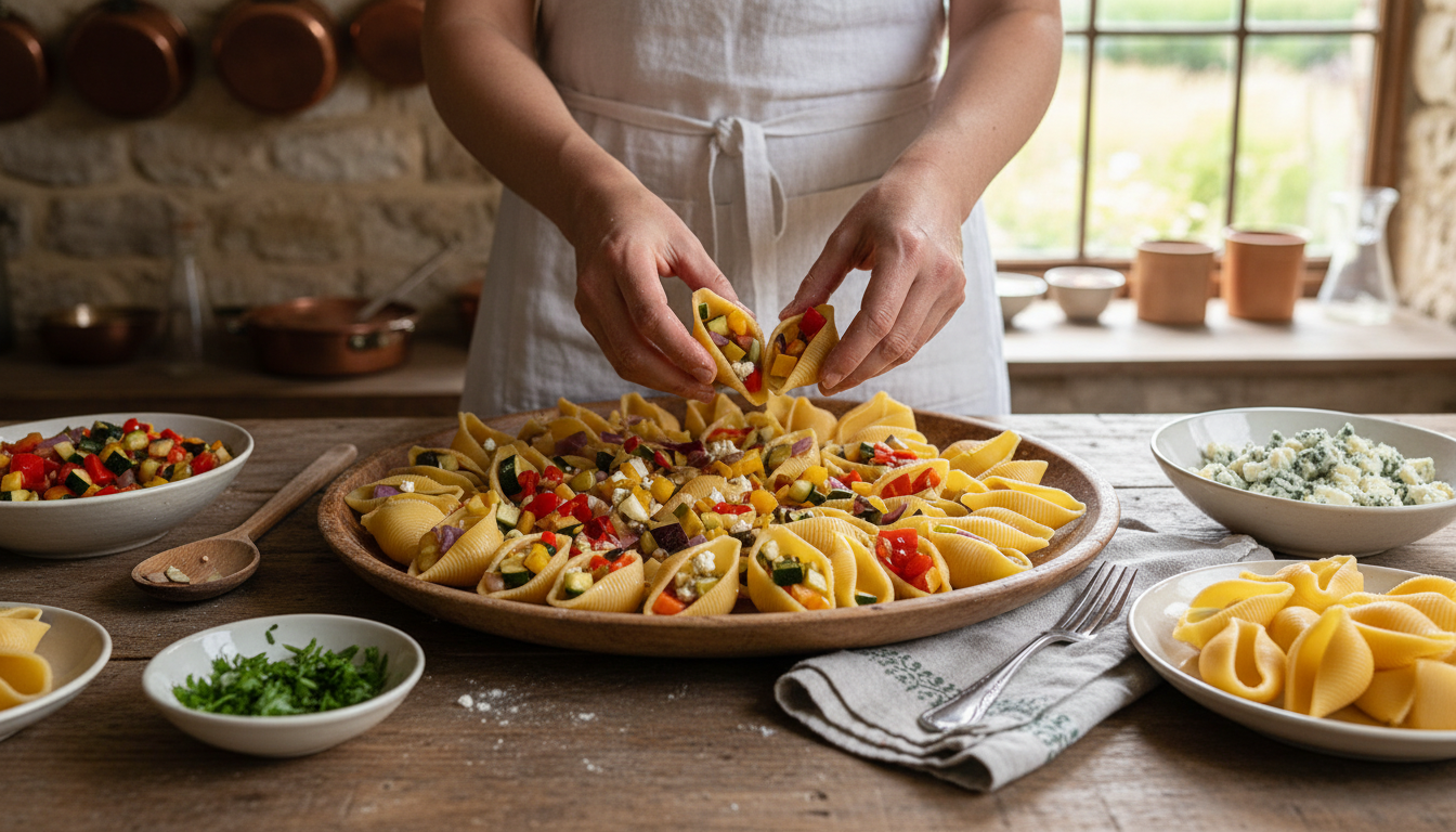 savourez nos conchiglionis farcis aux légumes printaniers frais et au fromage bleu fondant, un plat gourmet alliant fraîcheur et gourmandise pour un repas délicieux et raffiné.