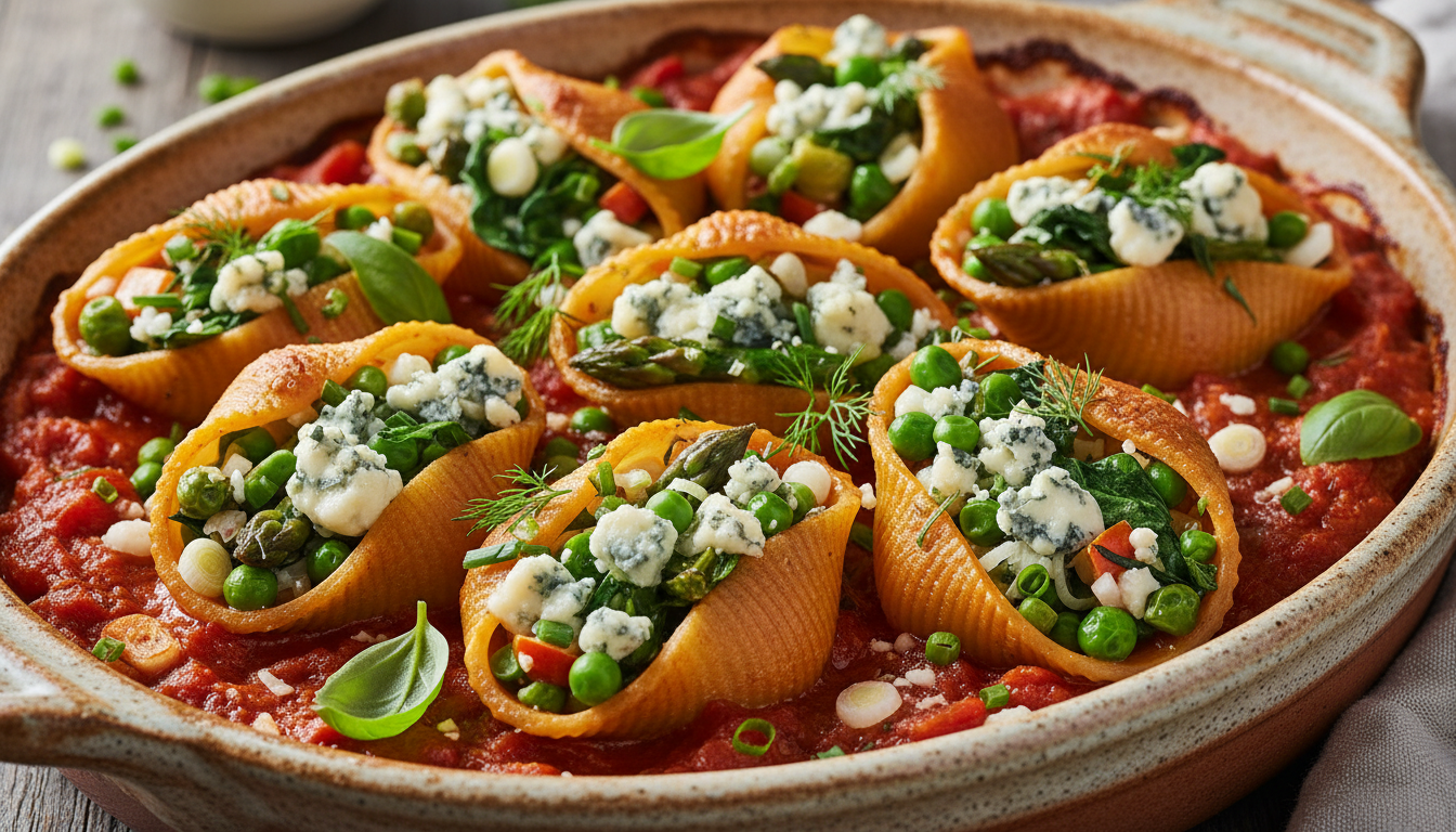 savourez un plat gourmand de conchiglionis farcis aux légumes printaniers frais et fromage bleu fondant, alliant saveurs délicates et fraîcheur de saison.
