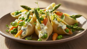 savourez nos conchiglionis farcis aux légumes printaniers frais et fromage bleu fondant, une explosion de saveurs gourmandes pour un repas raffiné et coloré.