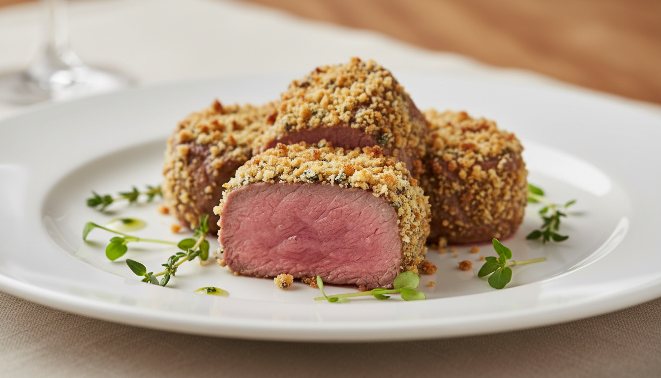 découvrez notre recette savoureuse et raffinée de filet mignon de veau nappé d’un crumble au bleu, un plat gourmand qui allie tendreté et saveurs fromagères.