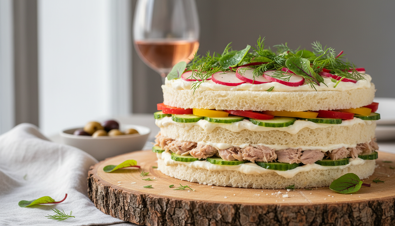 découvrez la recette gourmande du sandwich cake au thon, légumes croquants et fromage de chèvre frais, une explosion de saveurs en couches parfaites pour toutes vos occasions.