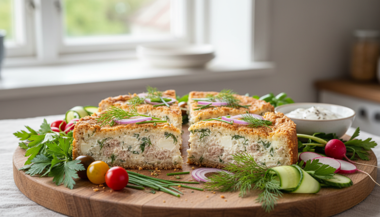découvrez notre sandwich cake au thon, garni de légumes croquants et de fromage de chèvre frais, une recette gourmande et originale pour un repas léger et savoureux.