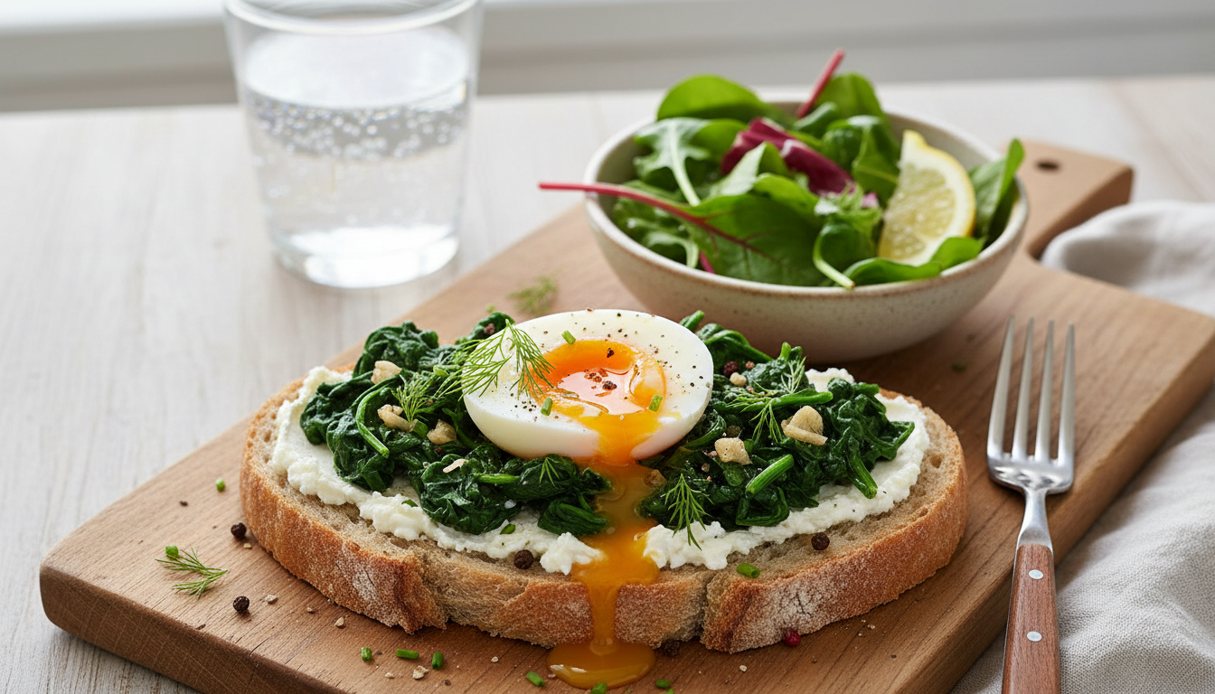 découvrez notre recette rapide et savoureuse de tartine aux épinards, œuf mollet et fromage frais, parfaite pour un déjeuner léger et gourmand.