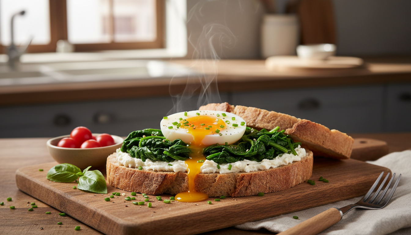 découvrez notre recette rapide et savoureuse : tartine aux épinards frais, œuf mollet délicat et fromage frais onctueux, parfaite pour un repas équilibré et gourmand.