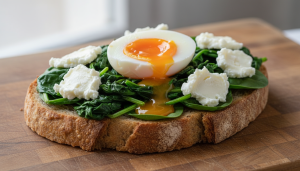 savourez une tartine gourmande et rapide avec des épinards frais, un œuf mollet fondant et du fromage frais onctueux, parfaite pour un repas express et délicieux.