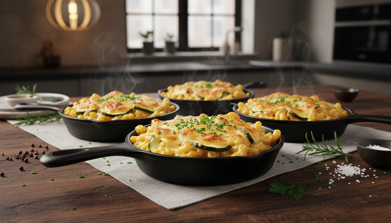 découvrez notre recette savoureuse de gratin de courgettes et macaronis au fromage à raclette, un délice fondant parfait pour réchauffer vos repas.