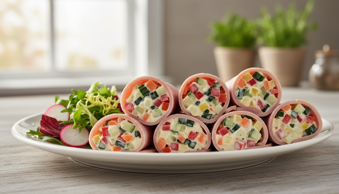 découvrez une recette légère et savoureuse : roulés de jambon à la mayonnaise allégée accompagnés de légumes croquants, parfaits pour une pause minceur gourmande.