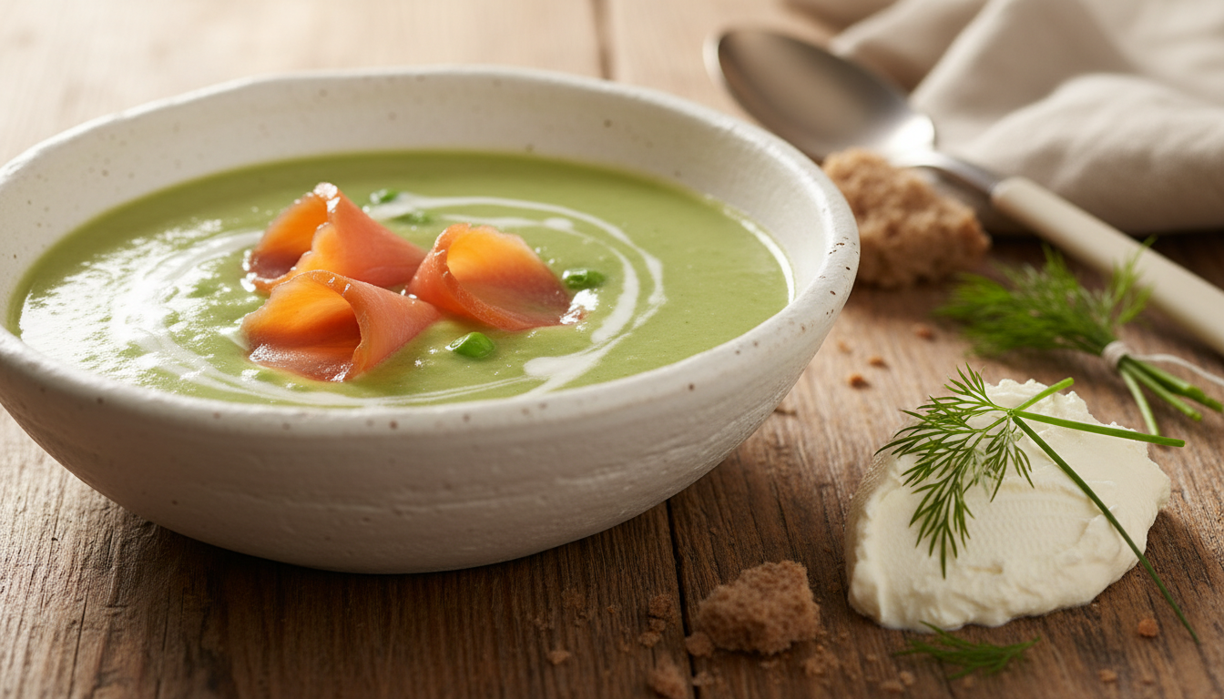 découvrez un velouté onctueux de petits pois associé à la truite fumée et au fromage frais, une recette raffinée et gourmande à savourer en toute simplicité.