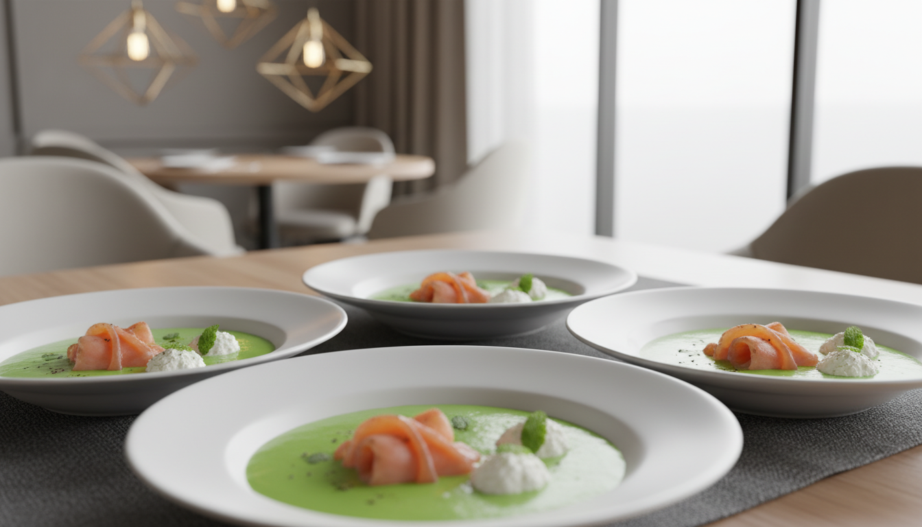 découvrez notre velouté onctueux de petits pois, agrémenté de truite fumée et de fromage frais, une recette savoureuse et raffinée à déguster en toute saison.