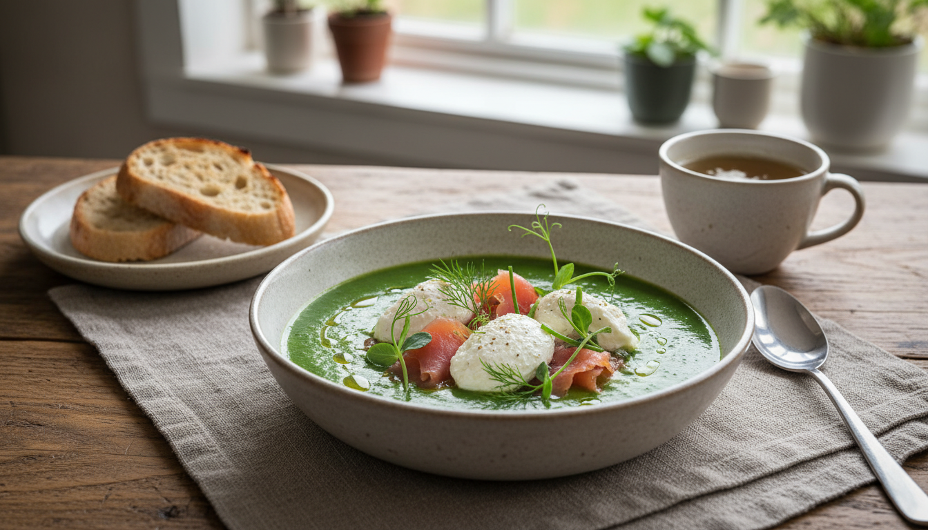 découvrez notre recette délicieuse de velouté de petits pois onctueux, agrémenté de truite fumée et de fromage frais, pour une expérience gustative rafraîchissante et savoureuse.