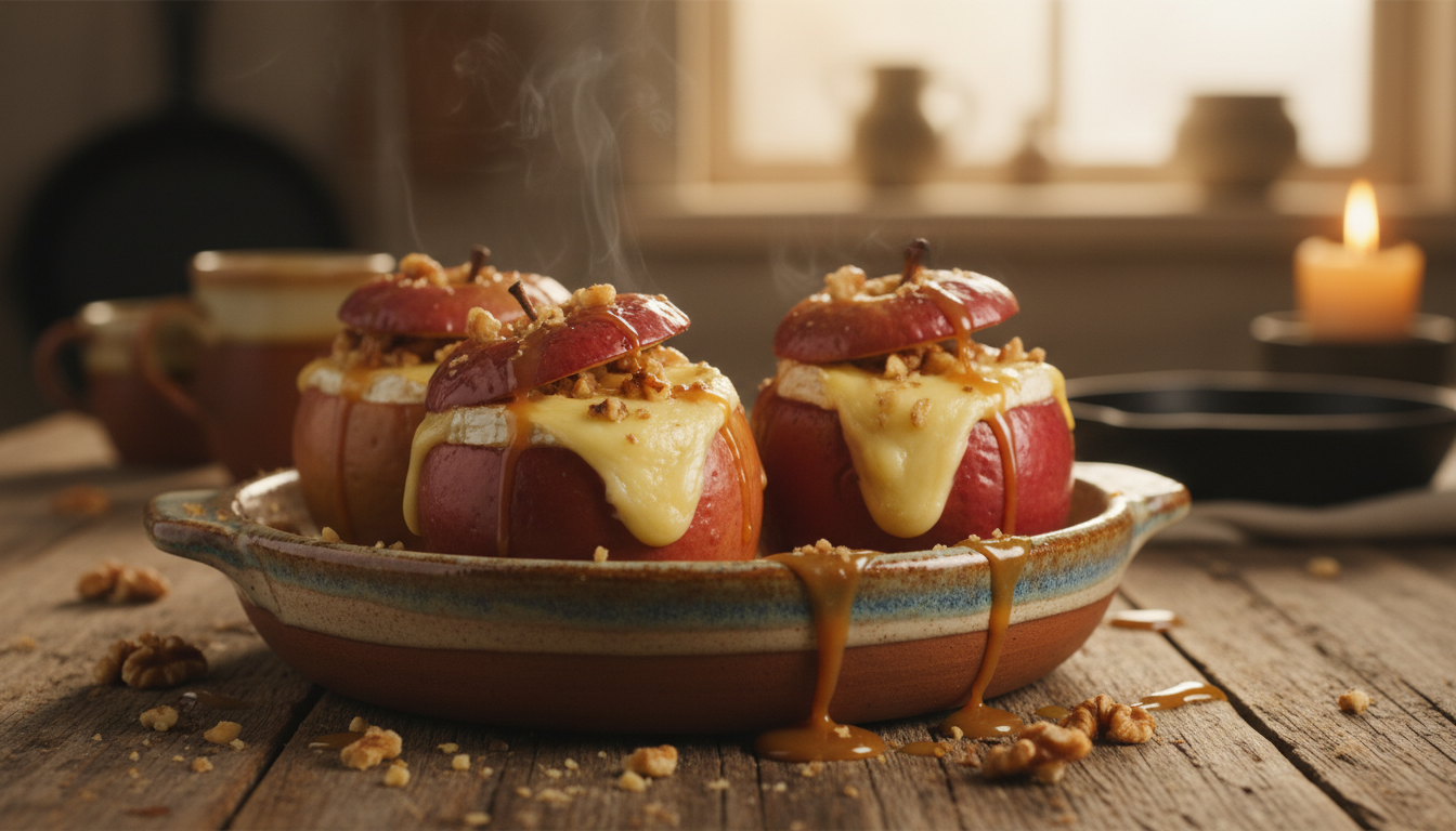 découvrez un dessert unique alliant douceur et saveurs salées : des pommes au four caramélisées, délicatement enrobées de camembert fondant pour un délice gourmand et original.