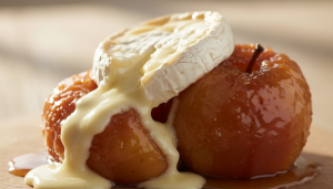 découvrez la gourmandise sucrée-salée avec nos pommes au four caramélisées, généreusement enrobées de camembert fondant pour une explosion de saveurs.