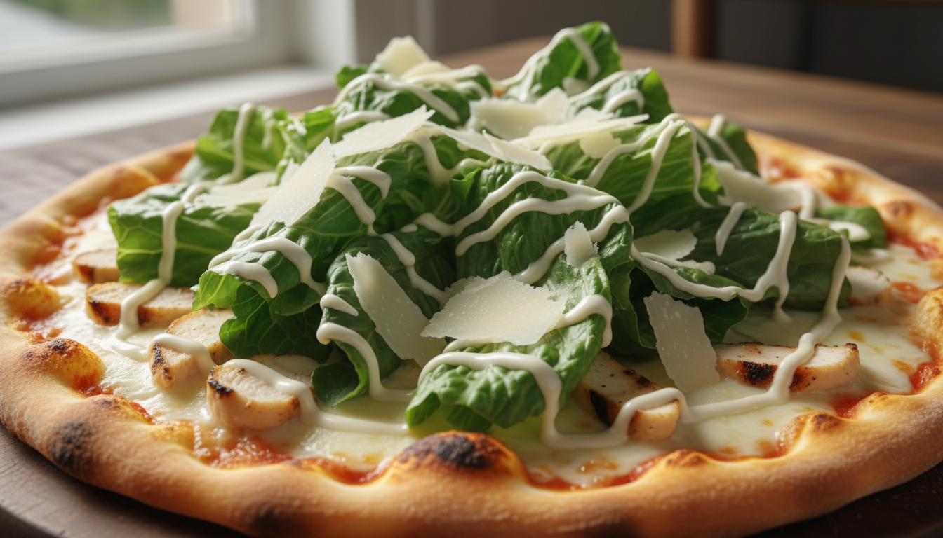 savourez notre délicieuse pizza césar, généreusement garnie de copeaux de parmesan frais pour une explosion de saveurs authentiques.