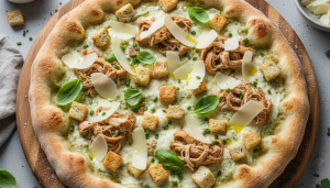 savourez notre délicieuse pizza césar, généreusement garnie de copeaux de parmesan pour une explosion de saveurs authentiques.