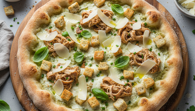 savourez notre délicieuse pizza césar, généreusement garnie de copeaux de parmesan pour une explosion de saveurs authentiques.