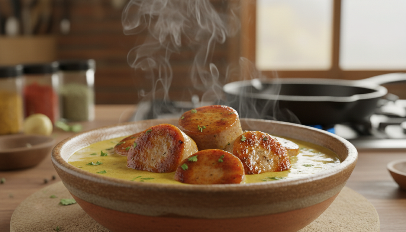 découvrez nos délicieuses rondelles de saucisses légères, savoureusement parfumées au curry pour une explosion de saveurs exotiques à chaque bouchée.