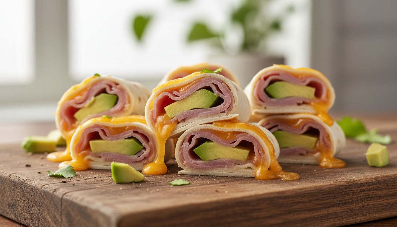 découvrez nos délicieux minis wraps légers garnis d'avocat crémeux, de jambon savoureux et de fromage fondant, parfaits pour une collation saine et gourmande.