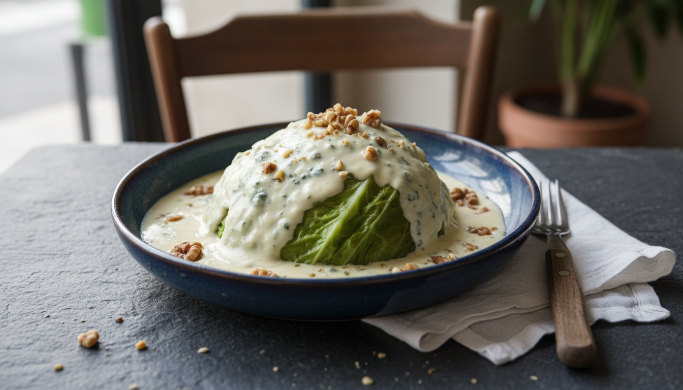 découvrez une recette savoureuse de chou vert nappé d'une onctueuse crème au bleu, parfaite pour un repas gourmand et facile à réaliser.