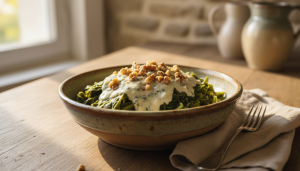 découvrez une recette savoureuse de chou vert nappé d'une onctueuse crème au bleu, un plat délicieux et original à essayer chez vous pour régaler vos papilles.