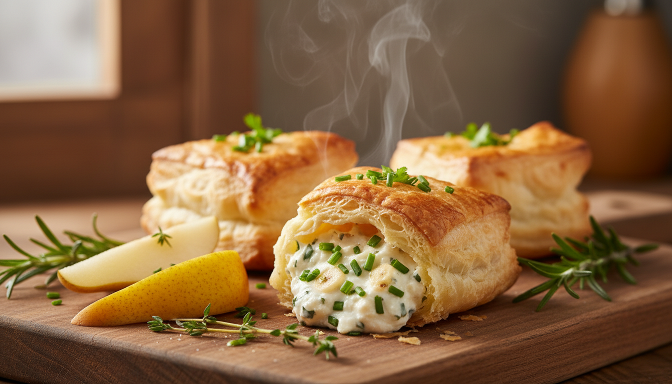 découvrez notre recette gourmande de feuilletés au fromage frais, ail, fines herbes et poires, alliant saveurs fraîches et délicates pour un moment de plaisir unique.