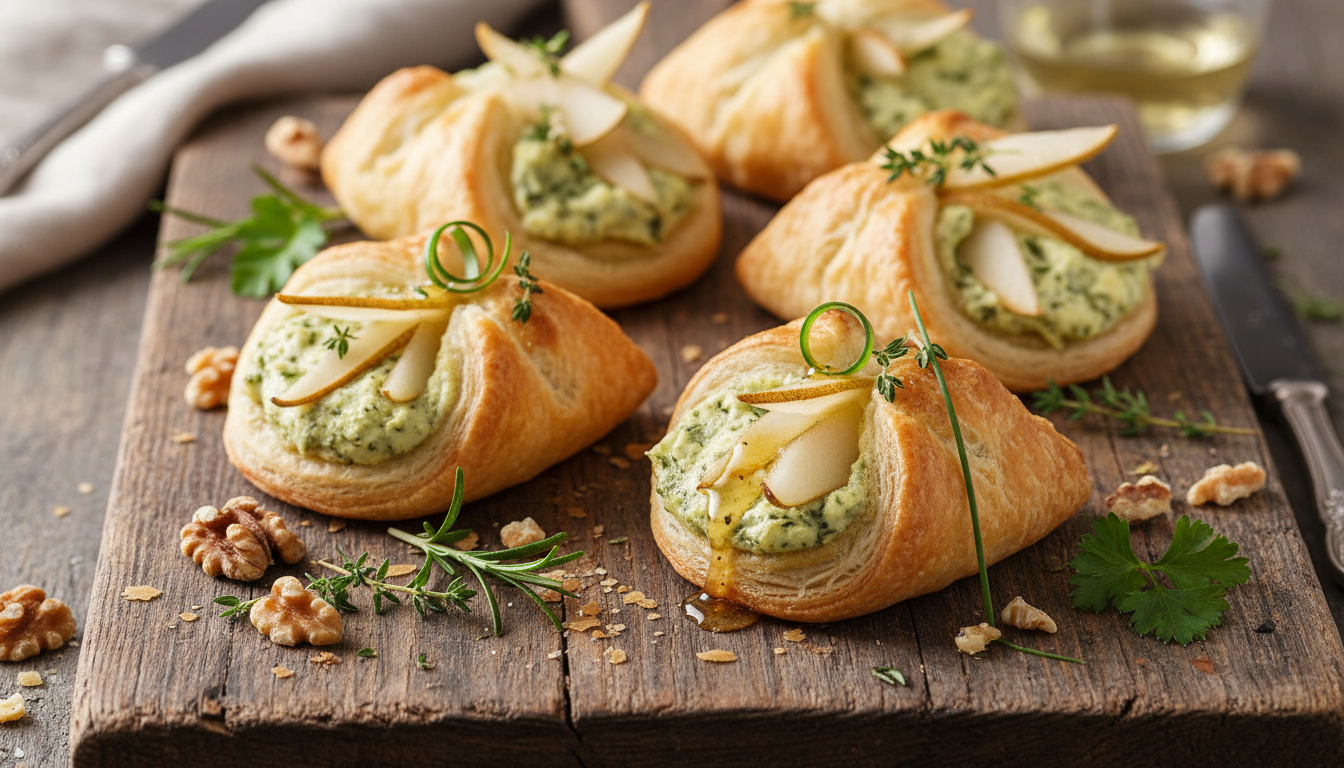 découvrez notre recette gourmande de feuilletés au fromage frais, ail, fines herbes et poires, parfaite pour une entrée savoureuse et originale à partager en famille ou entre amis.