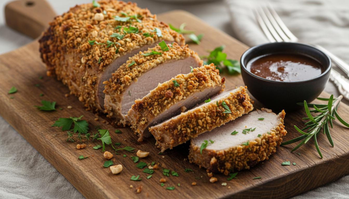 découvrez notre recette de filet mignon de porc en croûte de noisettes et herbes, une idée raffinée pour sublimer le rôti du dimanche en un festin élégant et savoureux.