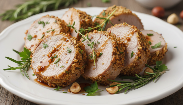 découvrez notre filet mignon de porc en croûte de noisettes et herbes, une recette raffinée qui sublime le rôti du dimanche en un véritable festin élégant et gourmand.