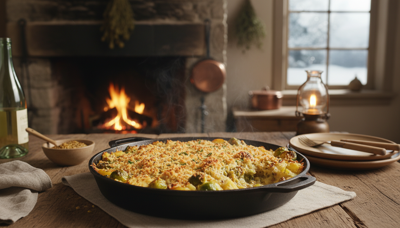 découvrez notre gratin d’hiver aux choux de bruxelles, pommes de terre et crème à la moutarde, un plat réconfortant et savoureux qui réunira toute votre famille autour de la table.