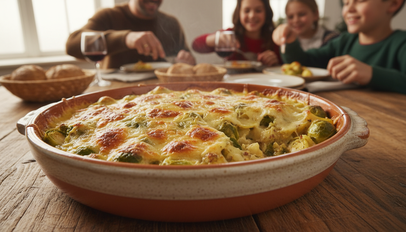 découvrez notre gratin d’hiver aux choux de bruxelles, pommes de terre et crème à la moutarde, un plat réconfortant et savoureux qui réunit toute la famille autour de la table.