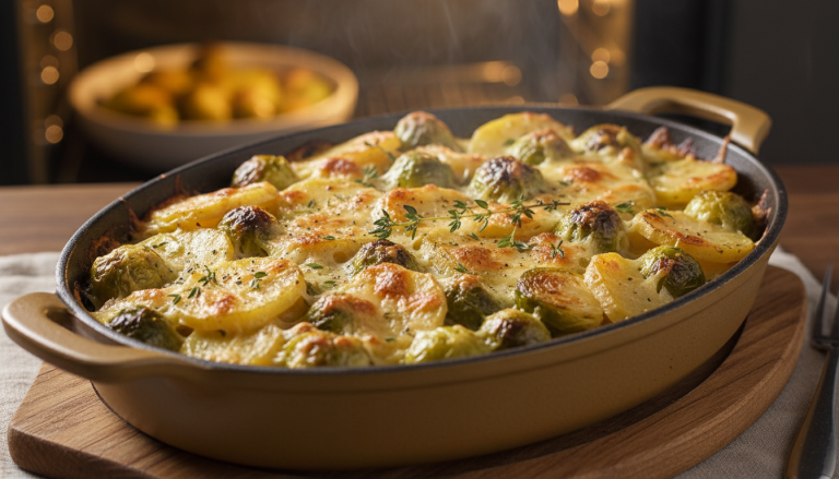 découvrez notre gratin d’hiver aux choux de bruxelles, pommes de terre et crème à la moutarde, un plat réconfortant et savoureux qui réunit toute la famille autour de la table.