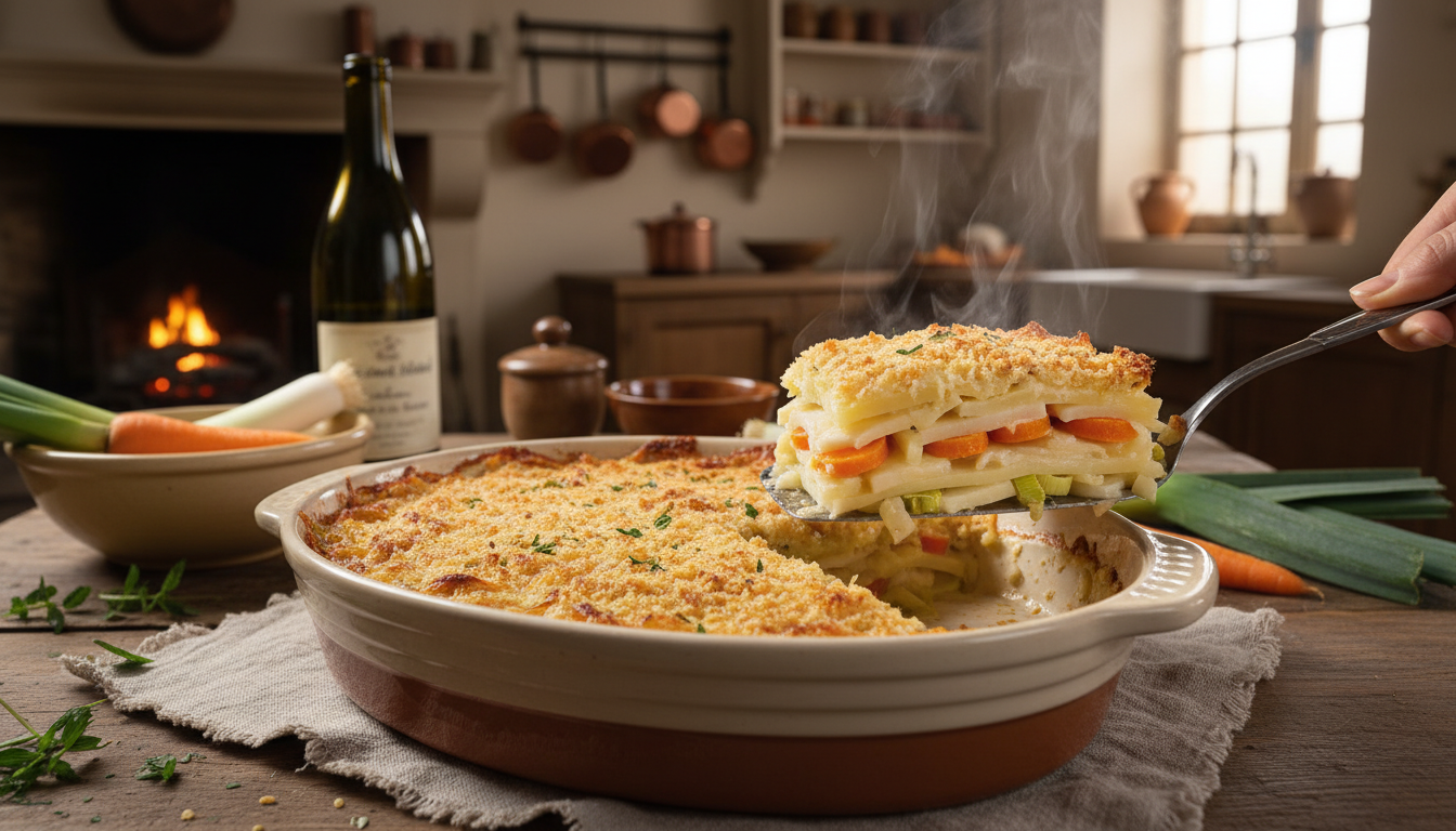 découvrez une recette simple et savoureuse de gratin fondant aux pommes de terre, poireaux et carottes, pour un plat doré à souhait et réconfortant.
