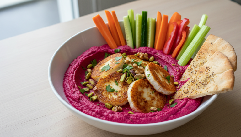 découvrez notre recette gourmande de houmous de betterave accompagné de chèvre croustillant, une explosion de saveurs pour vos papilles.