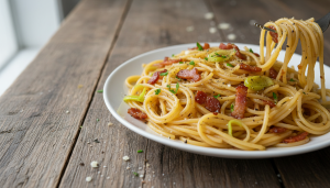 découvrez une recette de pâtes gourmandes sans crème avec des poireaux fondants, des lardons dorés et une sauce brillante, pour un plat savoureux et léger.