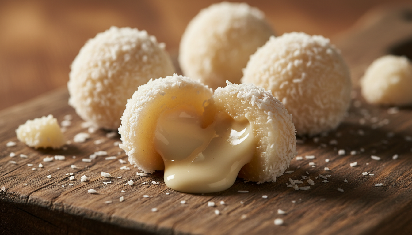 découvrez nos perles de coco maison, une gourmandise exquise alliant une douceur délicate à un cœur fondant irrésistible, parfaite pour régaler vos papilles.