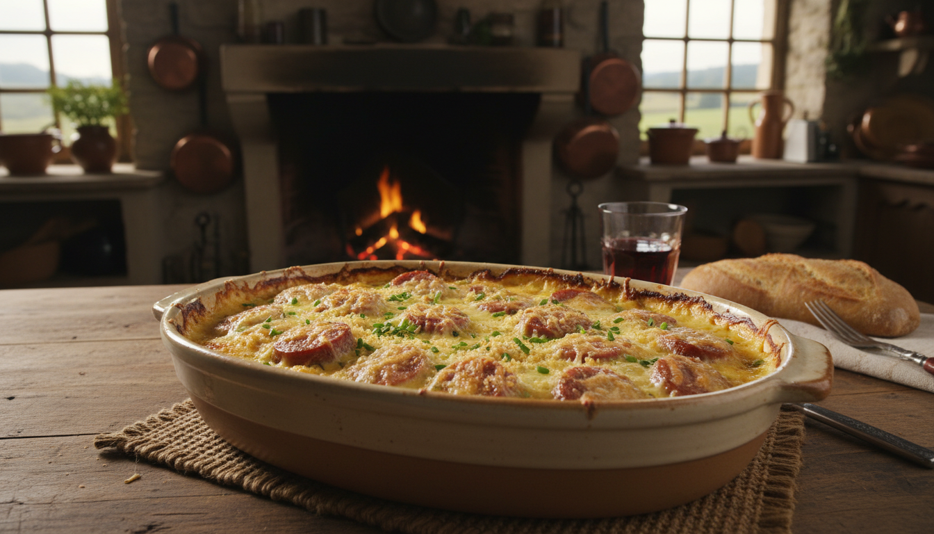 découvrez un gratin savoyard fondant mêlant reblochon crémeux et saucisse de morteau fumée, pour une ambiance chaleureuse et gourmande digne d'un chalet en montagne.