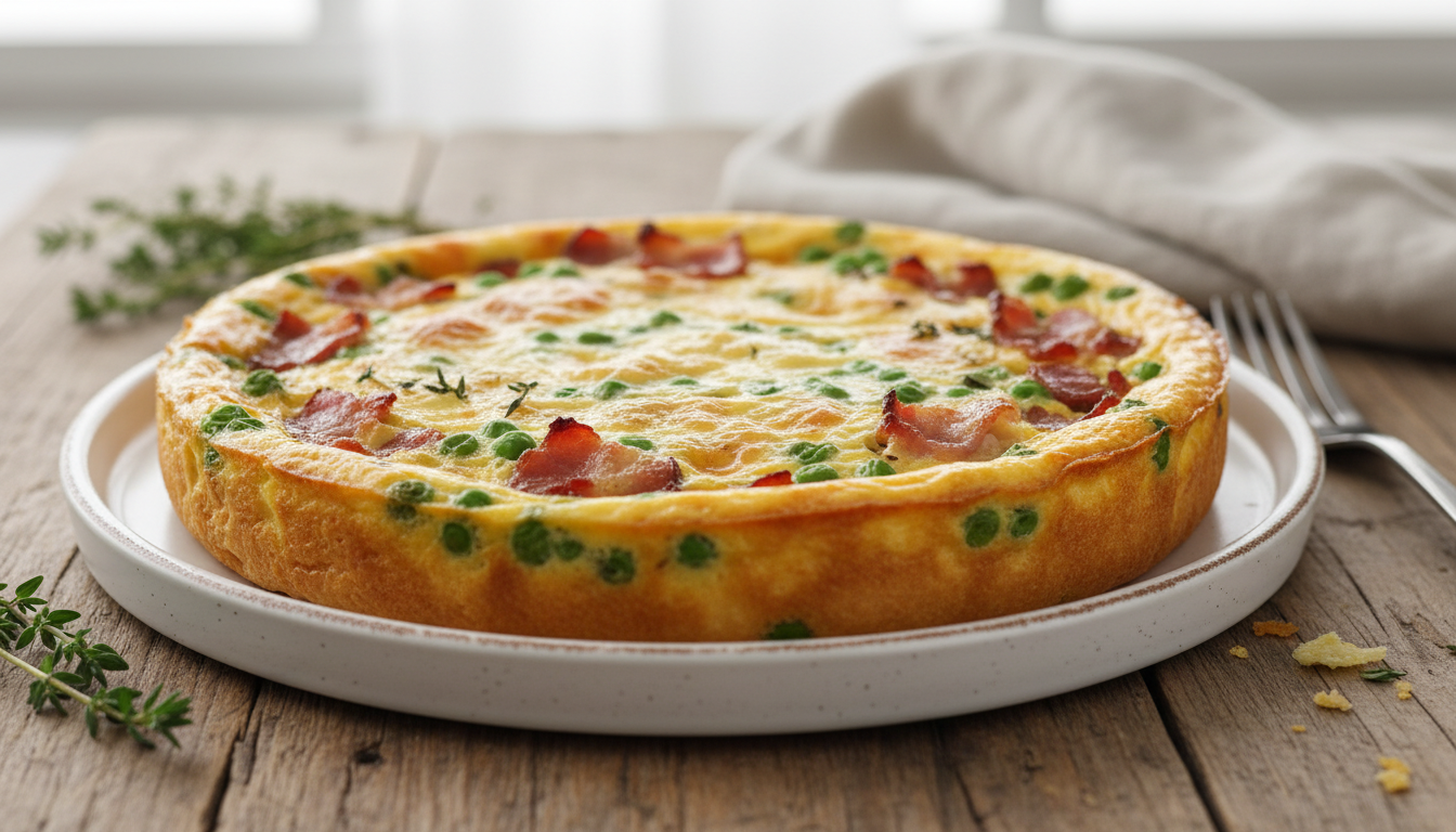 découvrez notre recette de quiche rapide sans pâte aux lardons et petits pois, un dîner savoureux et facile à préparer en seulement 15 minutes.