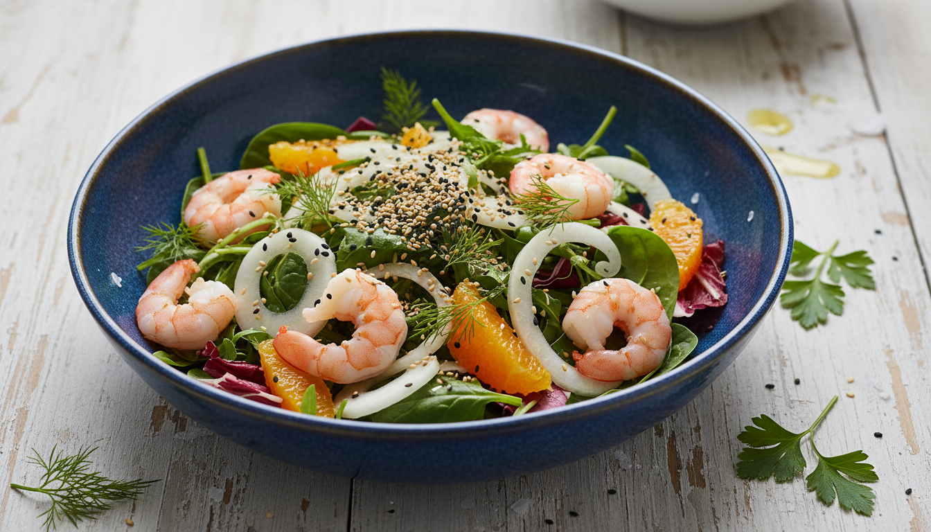découvrez une recette minceur savoureuse avec une salade fraîche de fenouil, crevettes, sésame et orange, parfaite pour un repas léger et vitaminé.