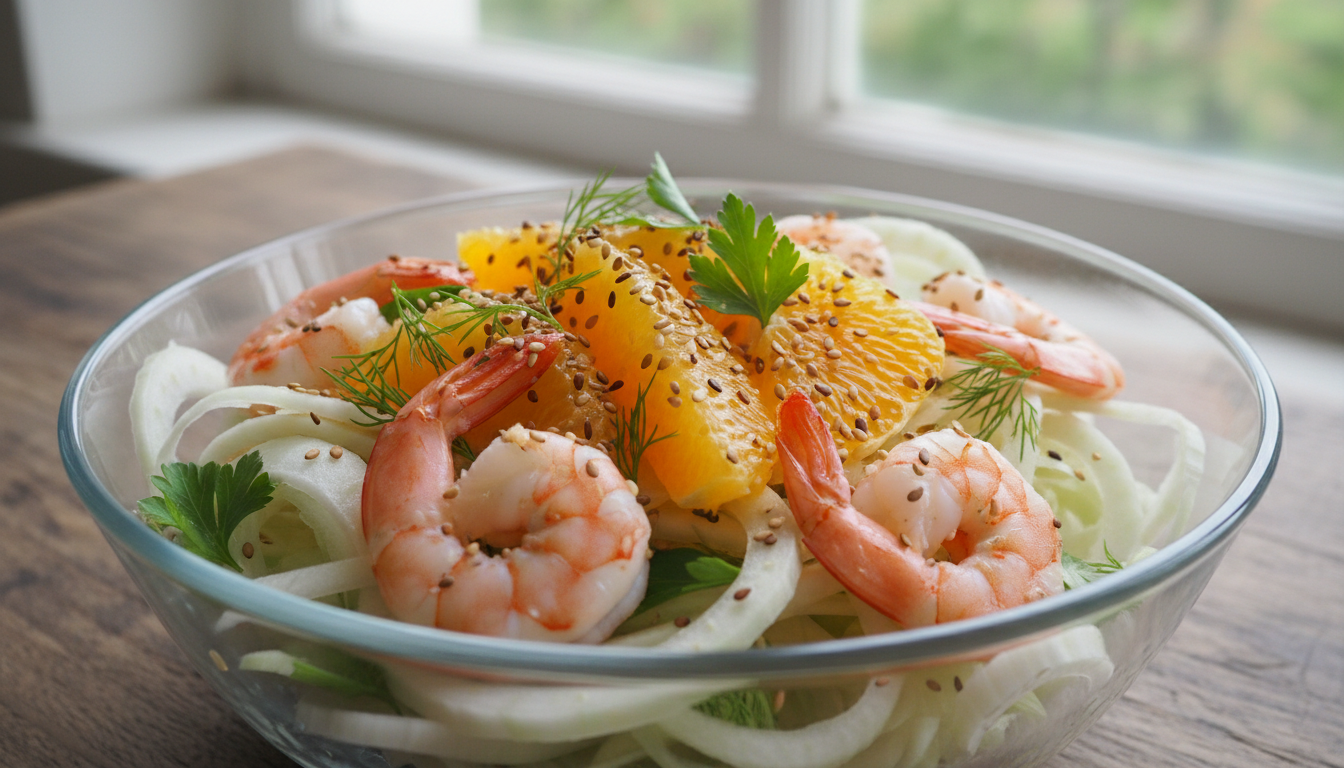 découvrez une recette minceur légère et savoureuse : salade fraîche de fenouil croquant, crevettes délicates, graines de sésame parfumées et quartiers d'orange juteuse, idéale pour un repas sain et vitaminé.