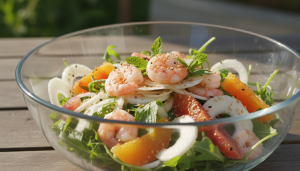 découvrez notre recette minceur légère et savoureuse : une salade fraîche de fenouil croquant, crevettes juteuses, graines de sésame et morceaux d'orange pour un équilibre parfait entre fraîcheur et vitamines.