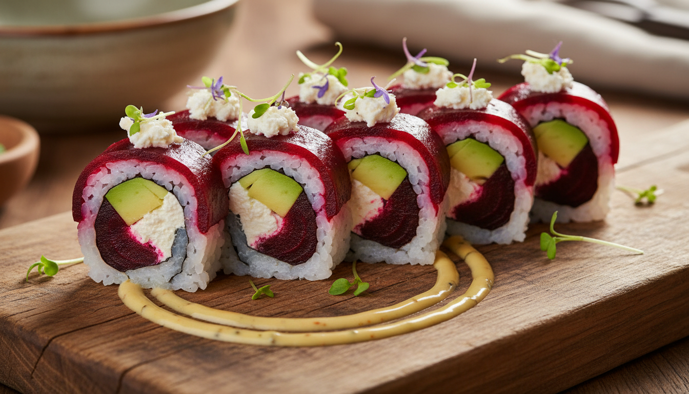 découvrez notre recette originale de sushi à la betterave, avocat et fromage de provence, alliant fraîcheur et saveurs authentiques pour un voyage gustatif unique.