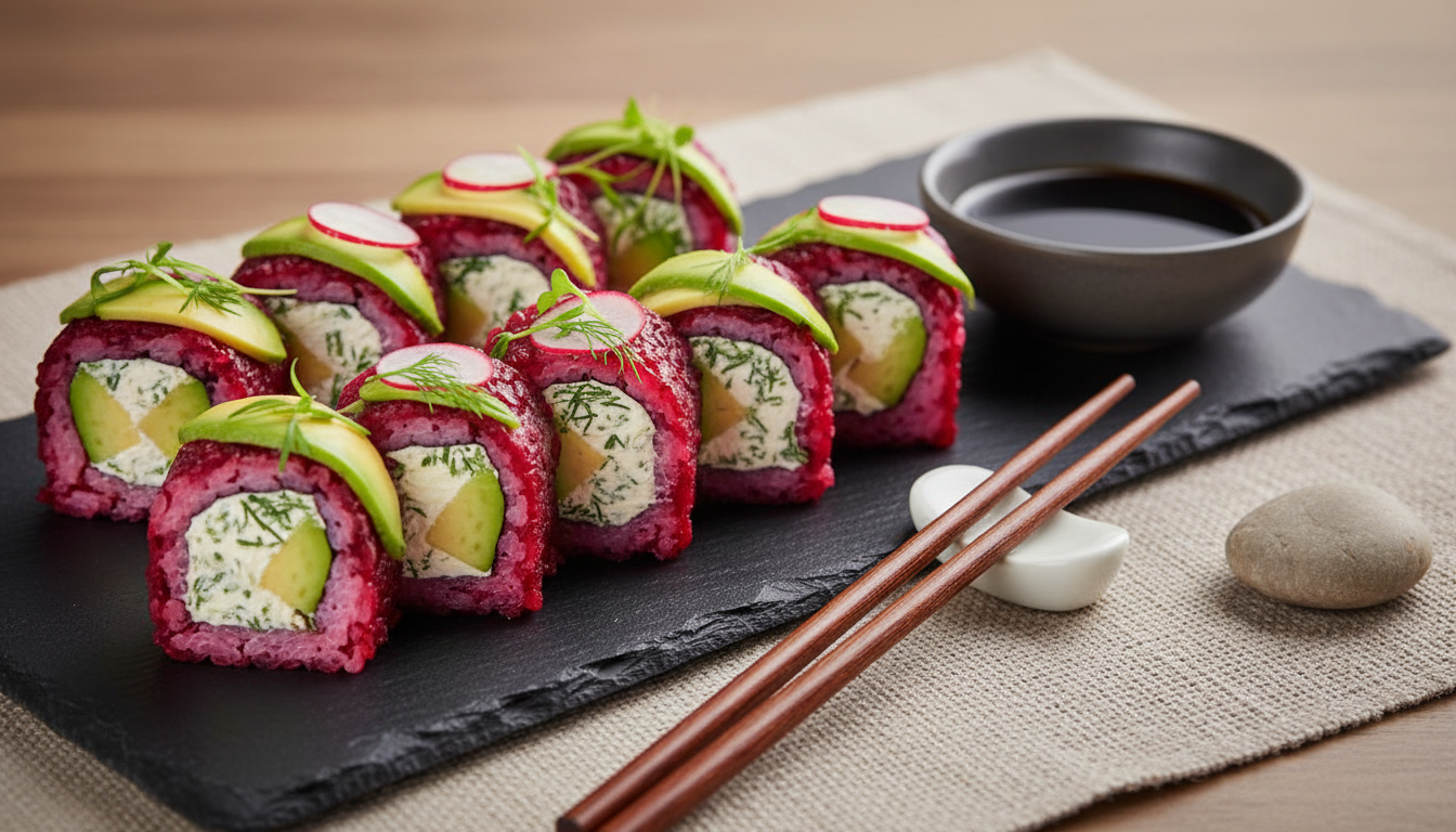découvrez une recette originale de sushi à la betterave, avocat et fromage de provence, alliant fraîcheur et saveurs uniques pour un repas gourmand et coloré.
