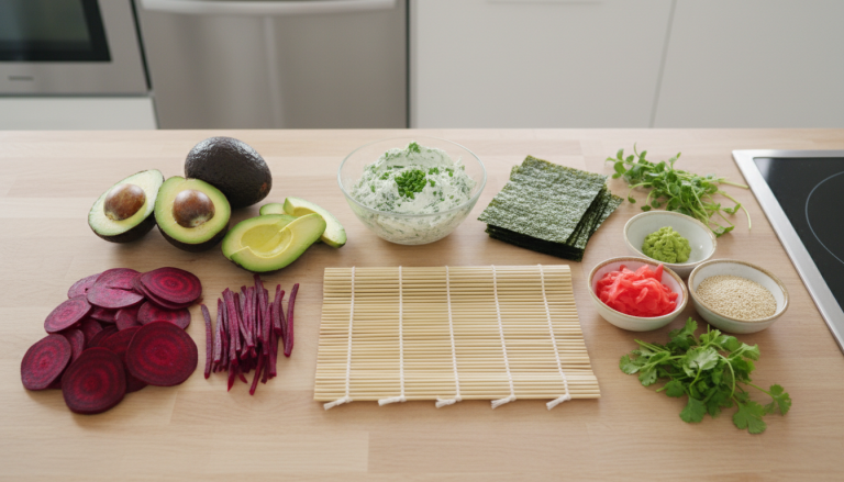 découvrez une recette originale de sushi à base de betterave, avocat et fromage de provence, alliant fraîcheur et saveurs délicates pour un repas gourmand et sain.