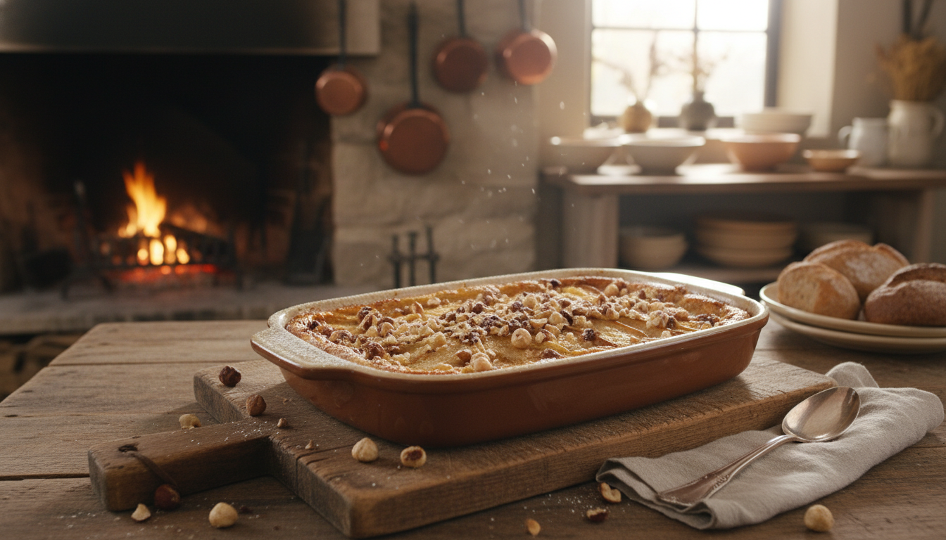 découvrez notre recette facile de clafoutis hivernal, alliant un cœur fondant et des noisettes croquantes pour une douceur réconfortante et gourmande à partager.