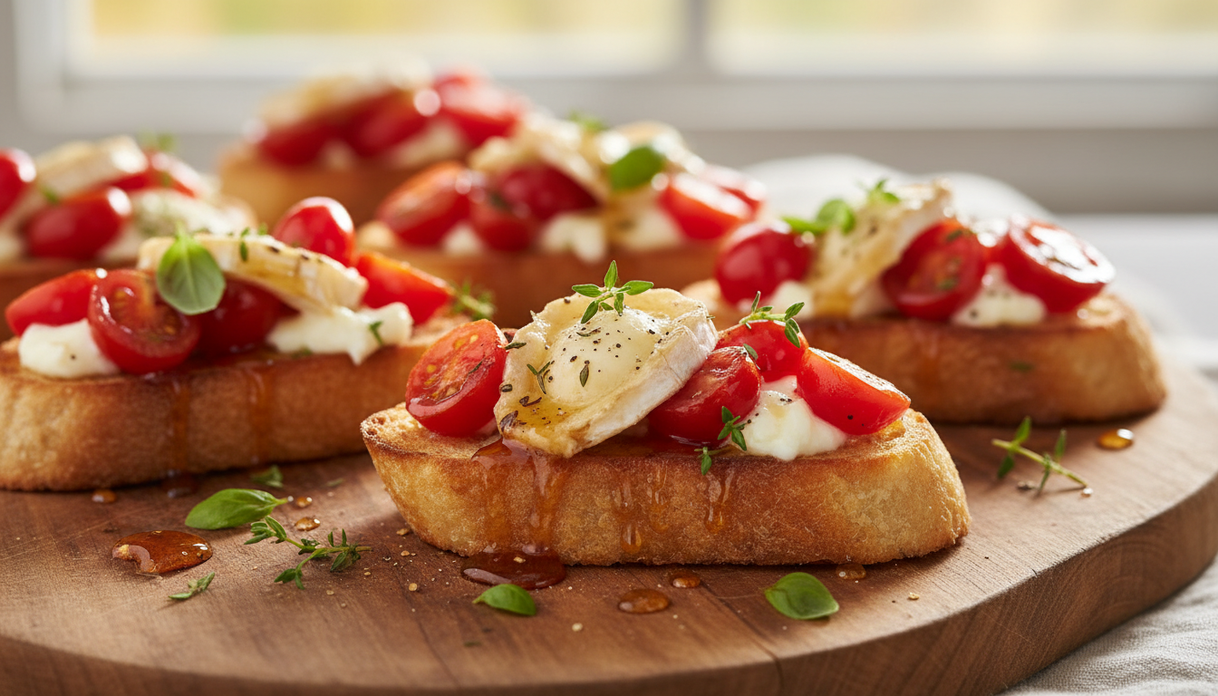 découvrez une recette simple et savoureuse de bruschettas légères garnies de tomates fraîches, chèvre fondant et miel épicé, délicieusement rôties au four.
