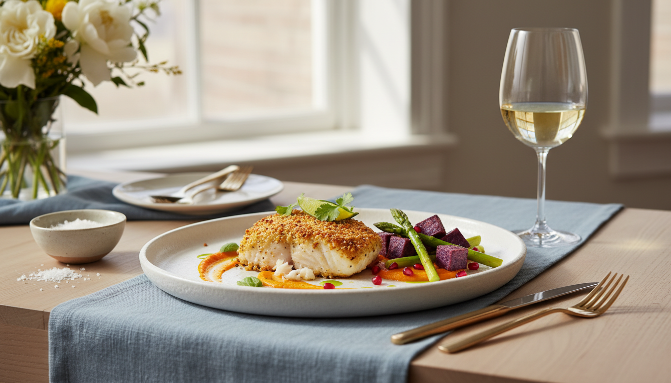 savourez un cabillaud délicat en croûte croustillante au parmesan, relevé d'un parfum épicé au curry pour une expérience gustative raffinée et originale.