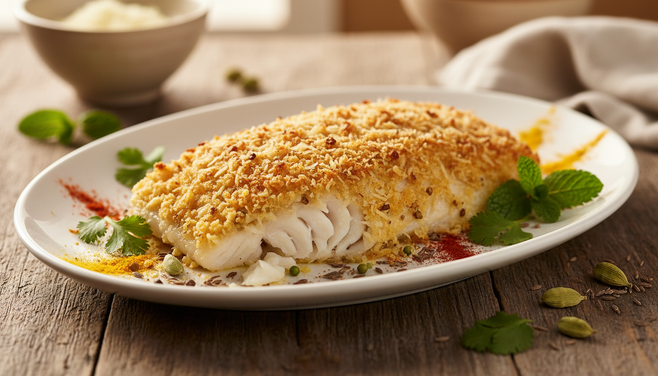 découvrez notre recette de cabillaud délicat en croûte croustillante au parmesan, sublimé par un parfum épicé au curry pour une explosion de saveurs irrésistible.