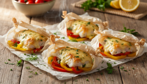 découvrez une recette savoureuse de cabillaud en papillote, accompagné de fromage fondant et de poivrons colorés, idéale pour un repas léger et gourmand.